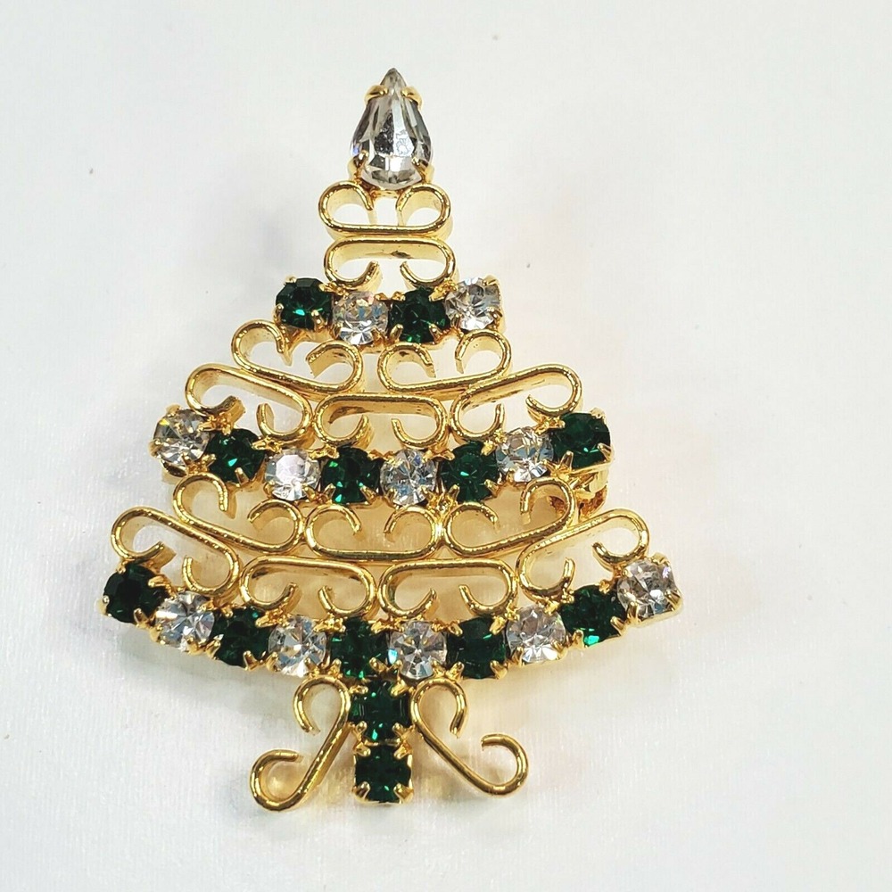 Vtg Goldtone Filigree Green Clear Rhinestones Christmas Tree Brooch Pin Holiday